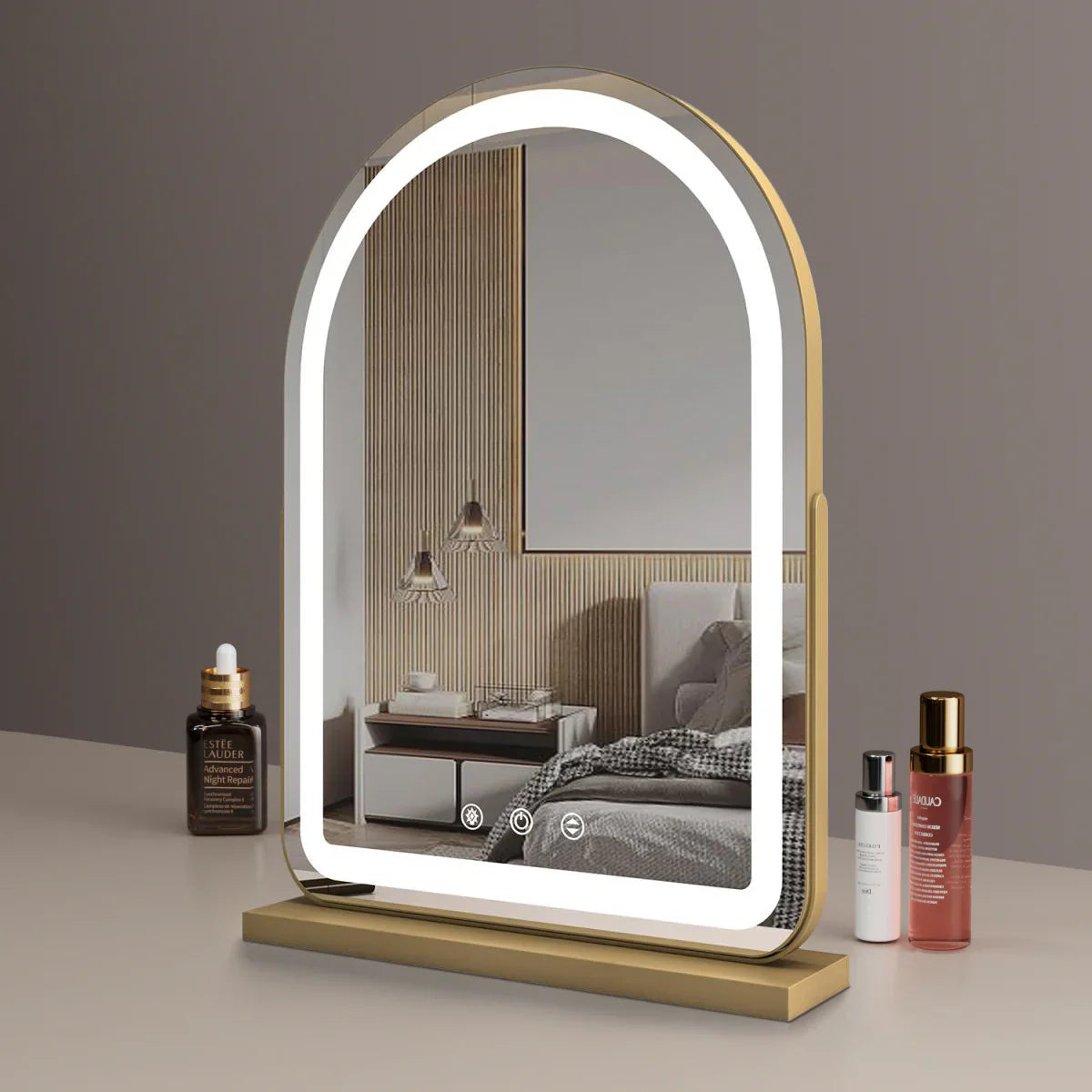 Large Arched Vanity Mirror with LED Strip, 360 Rotation, 3 Light Mode Touch, Dimmable Brightness, Plug in to use